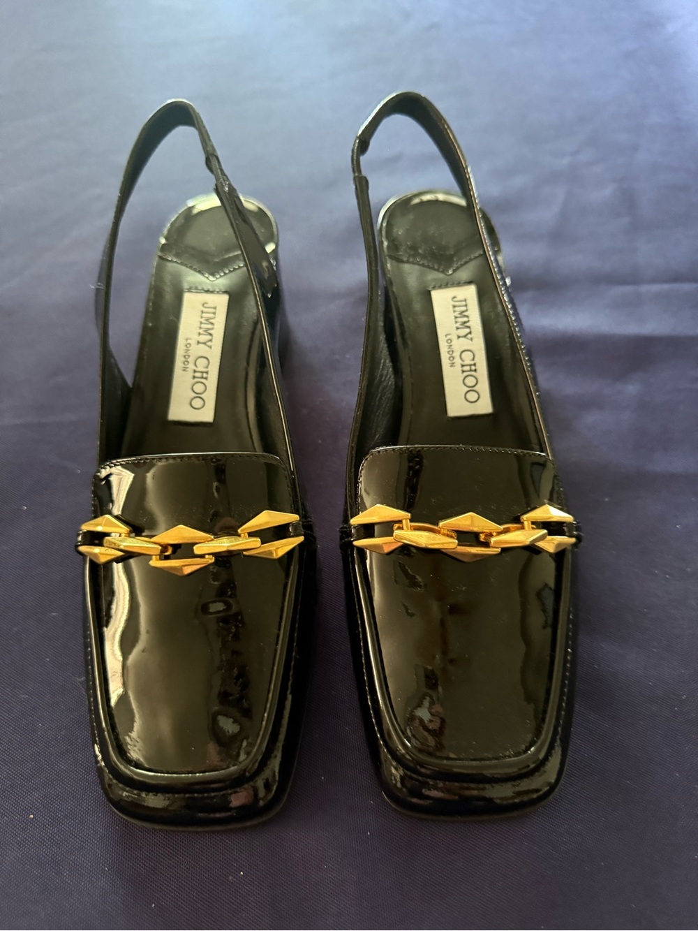 Jimmy Choo Black Patent Slingback Loafers with Gold Chain Detail